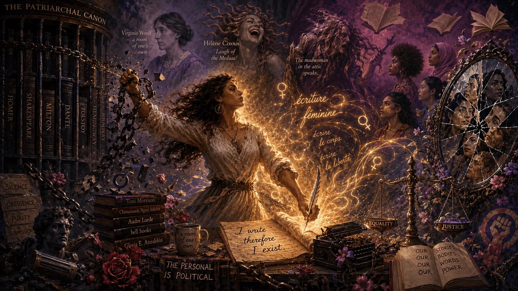 Feminist literary theory illustration showing Virginia Woolf, Hélène Cixous's écriture féminine, Gilbert and Gubar's madwoman in the attic, and intersectional feminist voices breaking free from the patriarchal canon