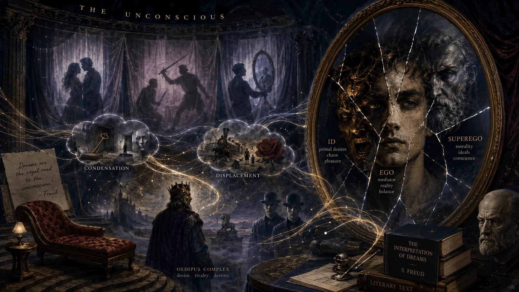Psychoanalytic literary criticism illustration showing Freud's unconscious, the id, ego and superego in a shattered mirror, dream symbolism with condensation and displacement, the Oedipus complex, and The Interpretation of Dreams